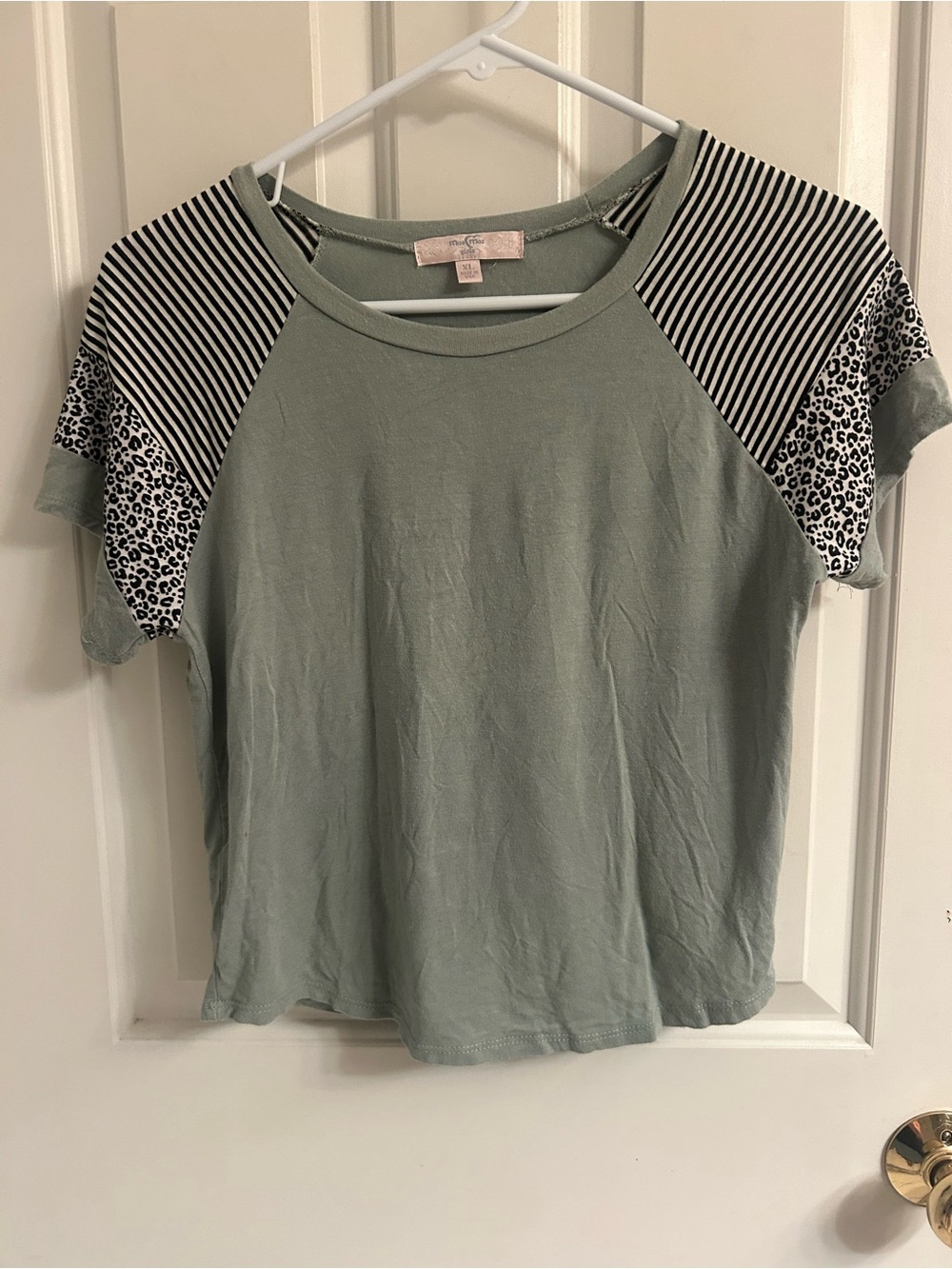Moa Moa Sage Green Short Sleeve Tee with Striped & Leopard Raglan Sleeves